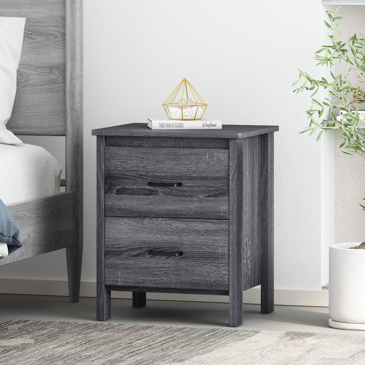Contemporary Dark Grey Nightstand with 2 Drawers – Faux Wood Bedside Table