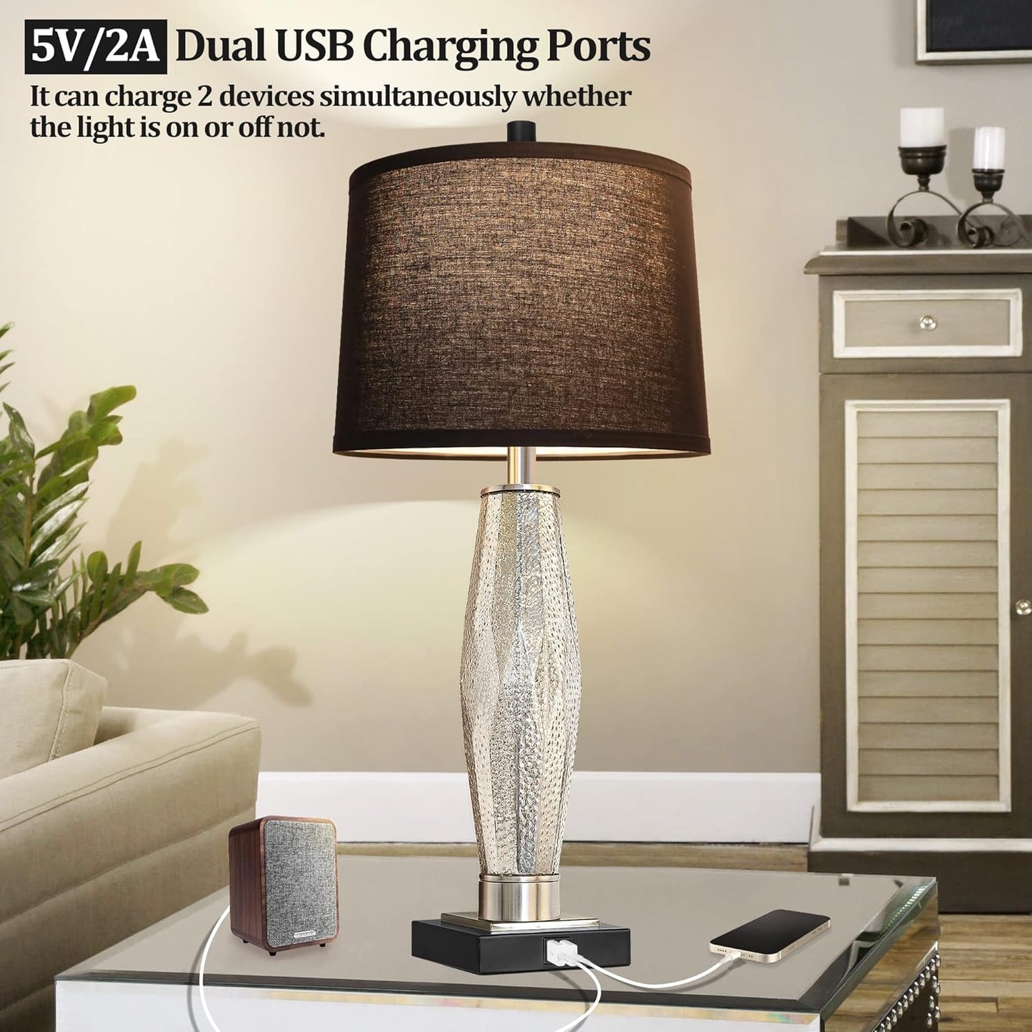 Modern Glass Table Lamps Set of 2 with USB A+C Charging Ports — Black