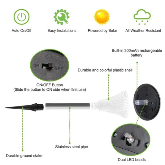 Solar Garden Stake Lights | Colour Changing | IP44 Waterproof | Auto On/Off | 4 Pack