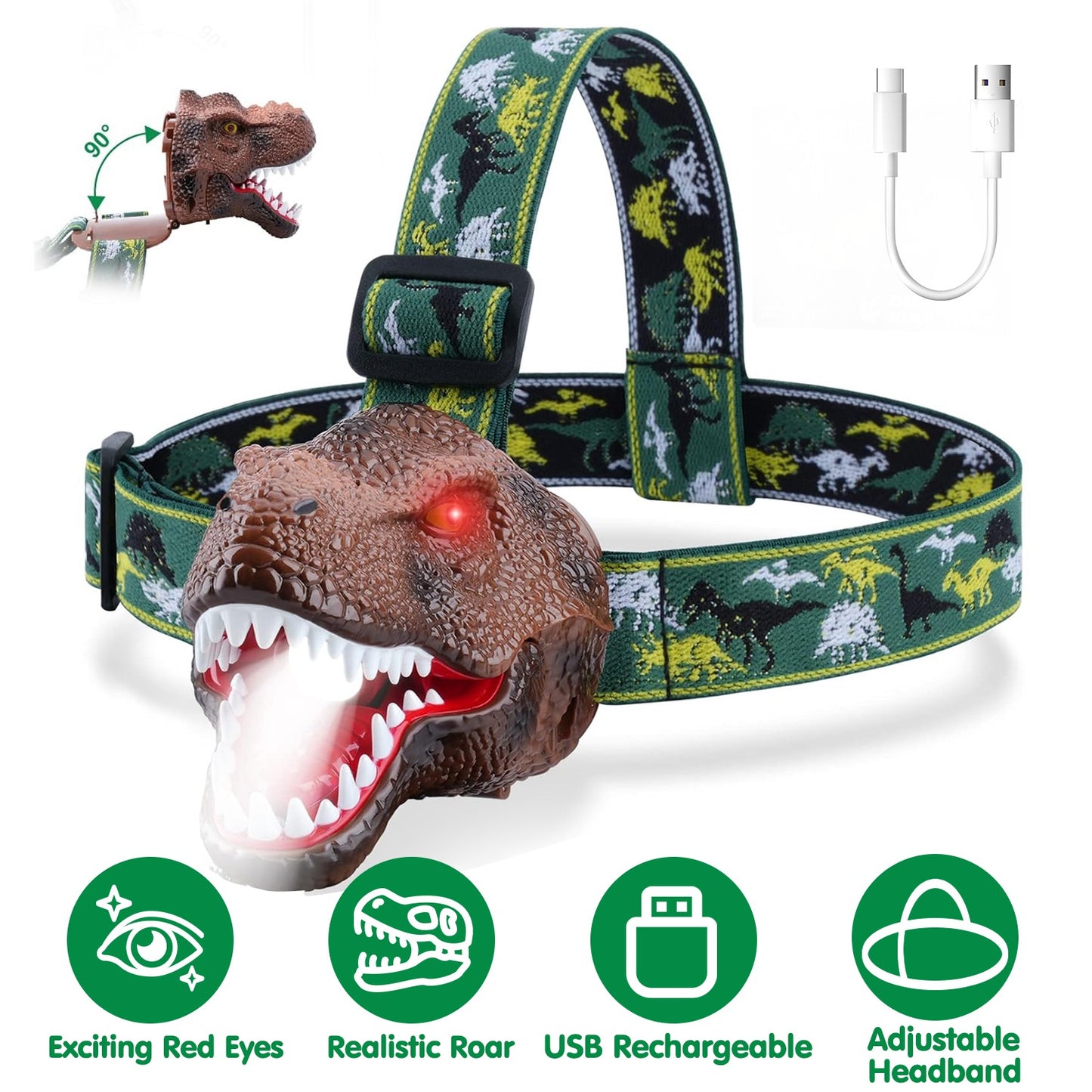 Dinosaur Headlamp for Kids | Roar Sound | 4 Modes | USB Rechargeable | IPX4 Waterproof