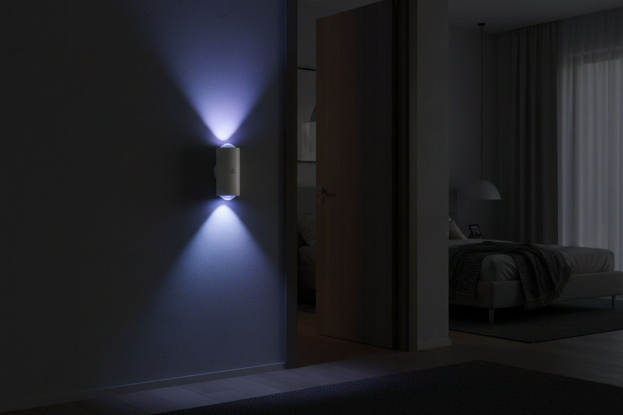 Single white cylindrical motion night light glowing colour-changing blue-purple beside bedroom door