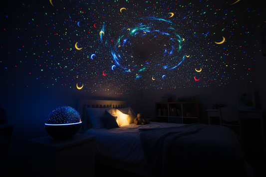 Round blue dome 360° galaxy projector on bedside table projecting multicolour stars and moon across kids bedroom ceiling