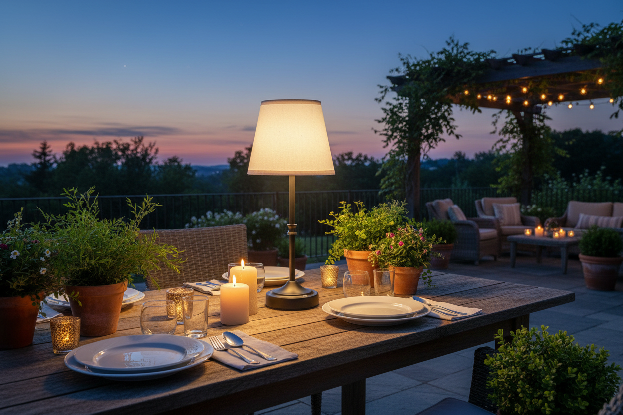 Black cordless table lamp on outdoor patio dining table at dusk
