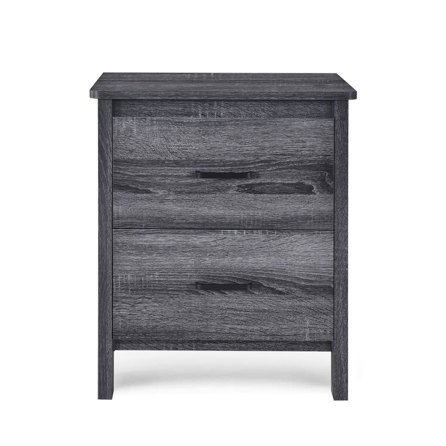 Contemporary Dark Grey Nightstand with 2 Drawers – Faux Wood Bedside Table