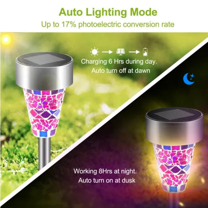 Solar Mosaic Garden Stake Lights | Colour Changing | IP44 Waterproof | Auto On/Off | 6 Pack