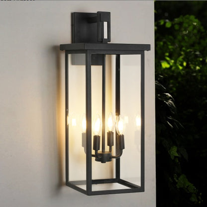 Modern Outdoor Wall Lantern | Black Iron & Glass | 4-Bulb Weatherproof