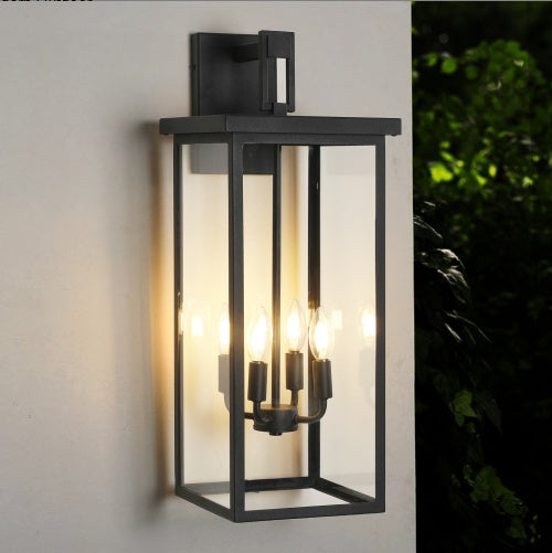 Modern Outdoor Wall Lantern | Black Iron & Glass | 4-Bulb Weatherproof
