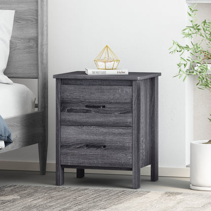 Contemporary Dark Grey Nightstand with 2 Drawers – Faux Wood Bedside Table