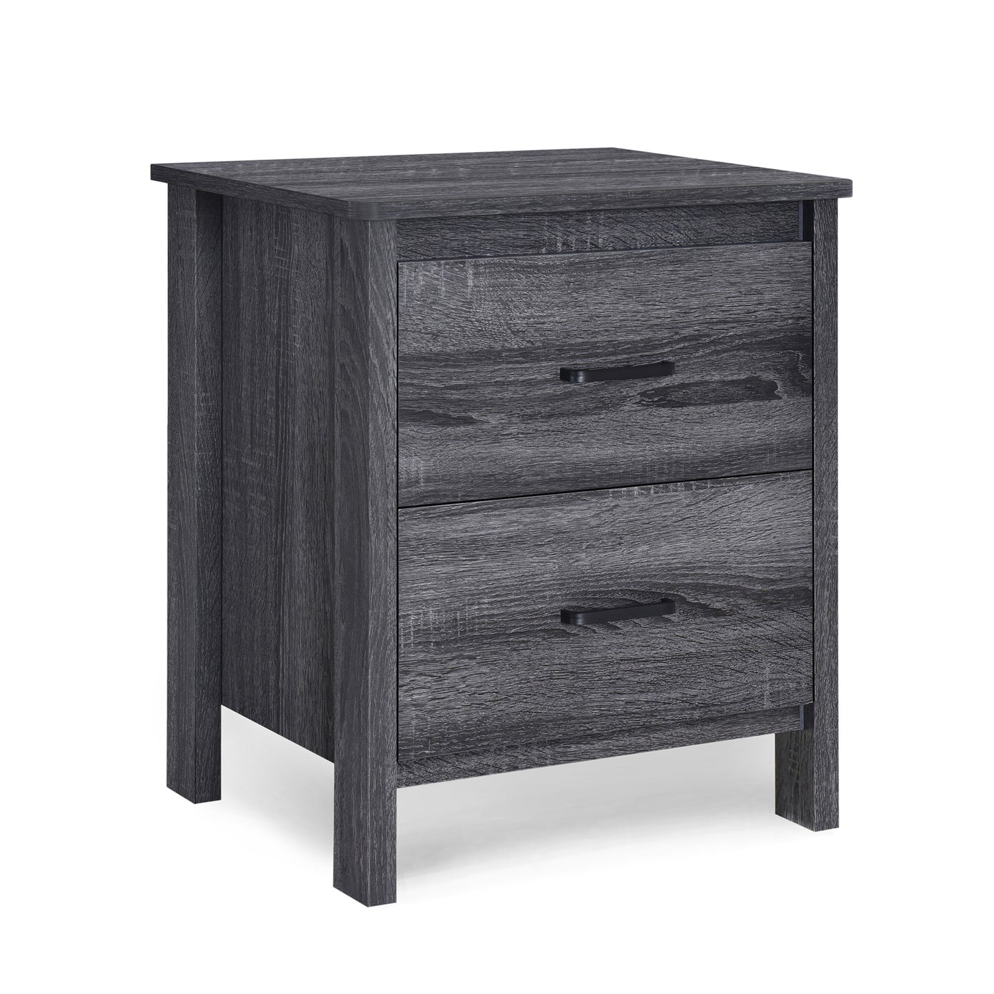 Contemporary Dark Grey Nightstand with 2 Drawers – Faux Wood Bedside Table
