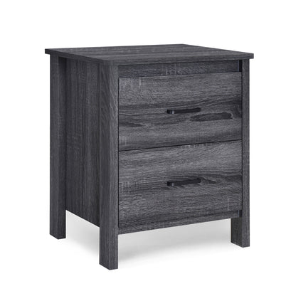 Contemporary Dark Grey Nightstand with 2 Drawers – Faux Wood Bedside Table