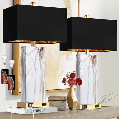 Touch Control Table Lamps | Set of 2 | Dimmable | USB Ports | Marble & Gold
