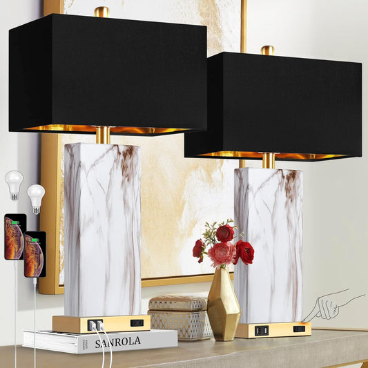 Touch Control Table Lamps | Set of 2 | Dimmable | USB Ports | Marble & Gold