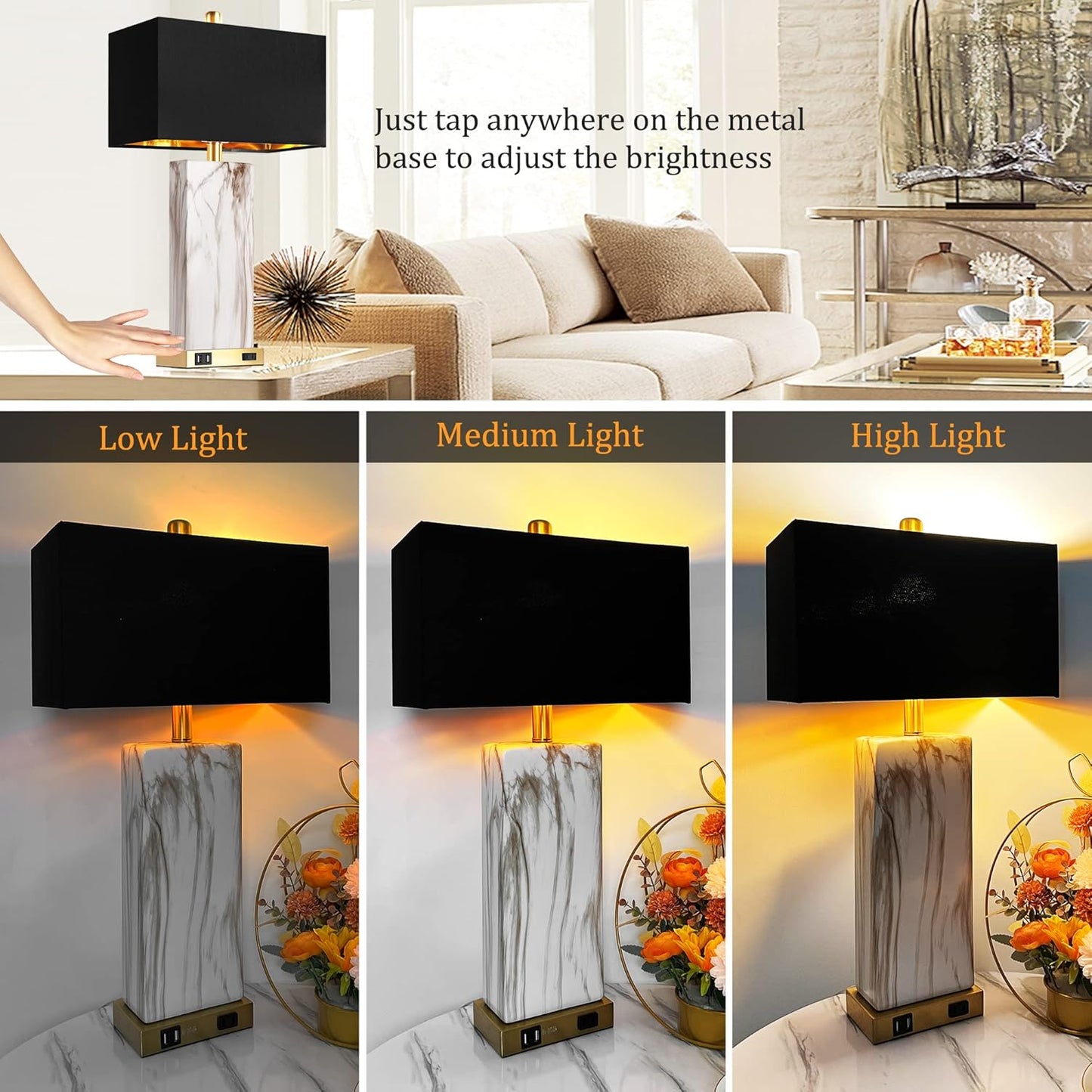 Touch Control Table Lamps | Set of 2 | Dimmable | USB Ports | Marble & Gold