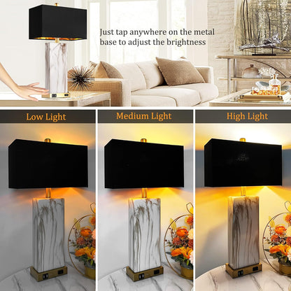 Touch Control Table Lamps | Set of 2 | Dimmable | USB Ports | Marble & Gold
