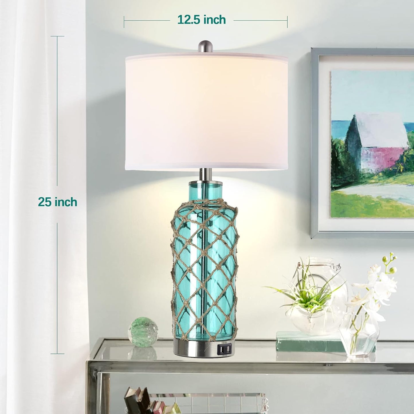 Coastal Nautical Table Lamps | Set of 2 | Dimmable | USB Ports | Blue Glass