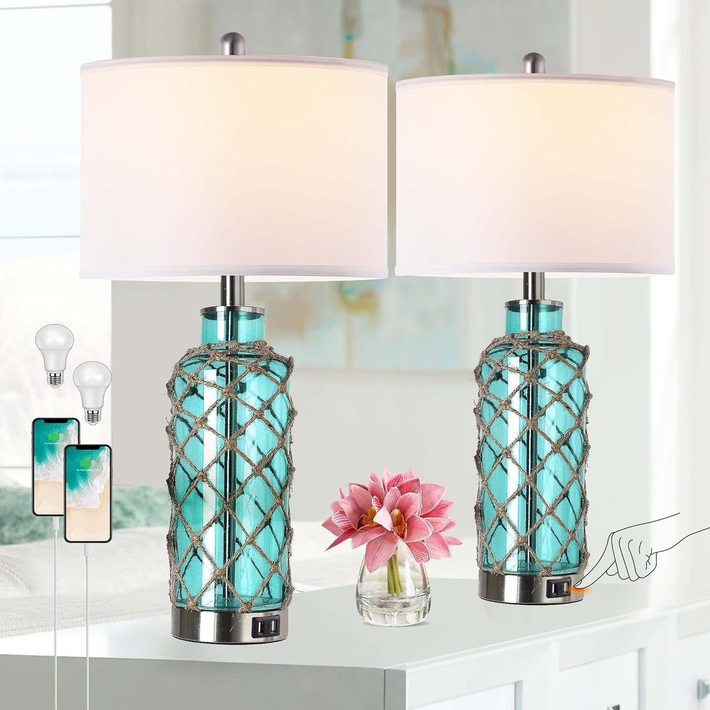 Coastal Nautical Table Lamps | Set of 2 | Dimmable | USB Ports | Blue Glass