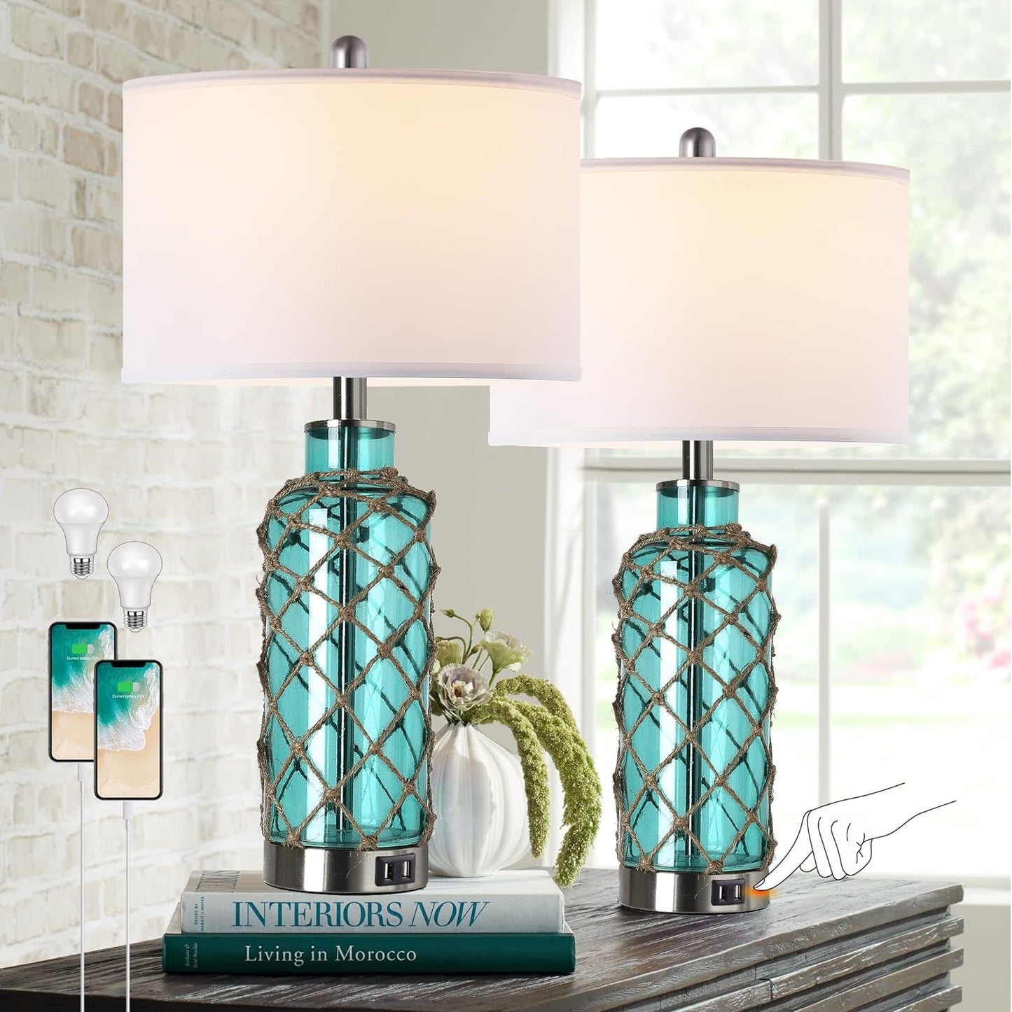 Coastal Nautical Table Lamps | Set of 2 | Dimmable | USB Ports | Blue Glass