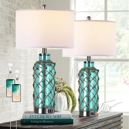 Coastal Nautical Table Lamps | Set of 2 | Dimmable | USB Ports | Blue Glass