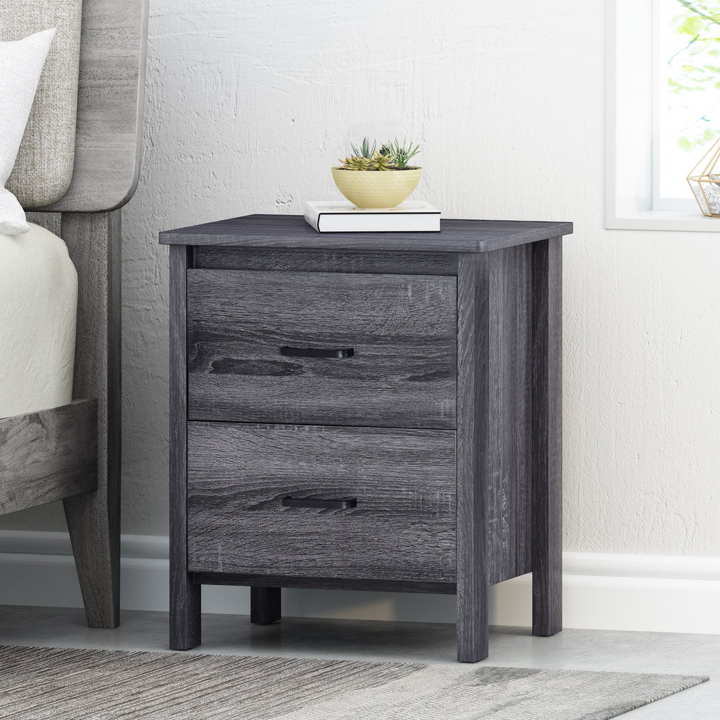 Contemporary Dark Grey Nightstand with 2 Drawers – Faux Wood Bedside Table