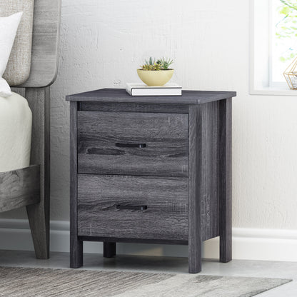 Contemporary Dark Grey Nightstand with 2 Drawers – Faux Wood Bedside Table
