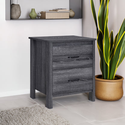 Contemporary Dark Grey Nightstand with 2 Drawers – Faux Wood Bedside Table