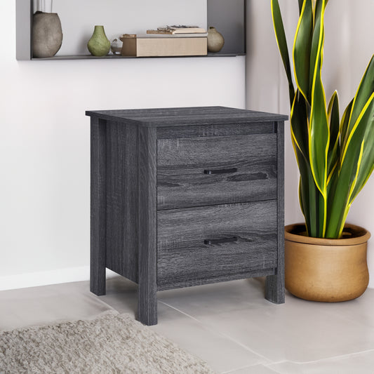 Contemporary Dark Grey Nightstand with 2 Drawers – Faux Wood Bedside Table