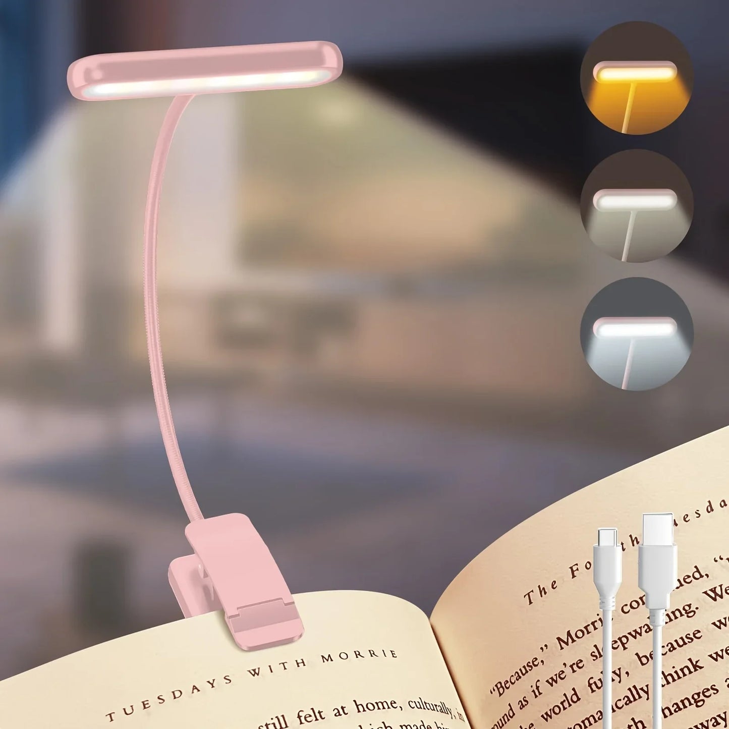 Clip-On Reading Light | USB Rechargeable | 3 Colour Temps | Flexible Gooseneck