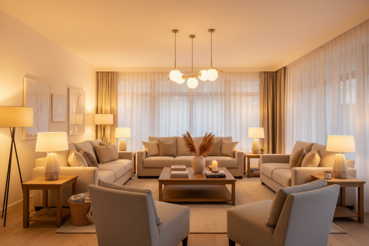 Bright Living Room with Lights On