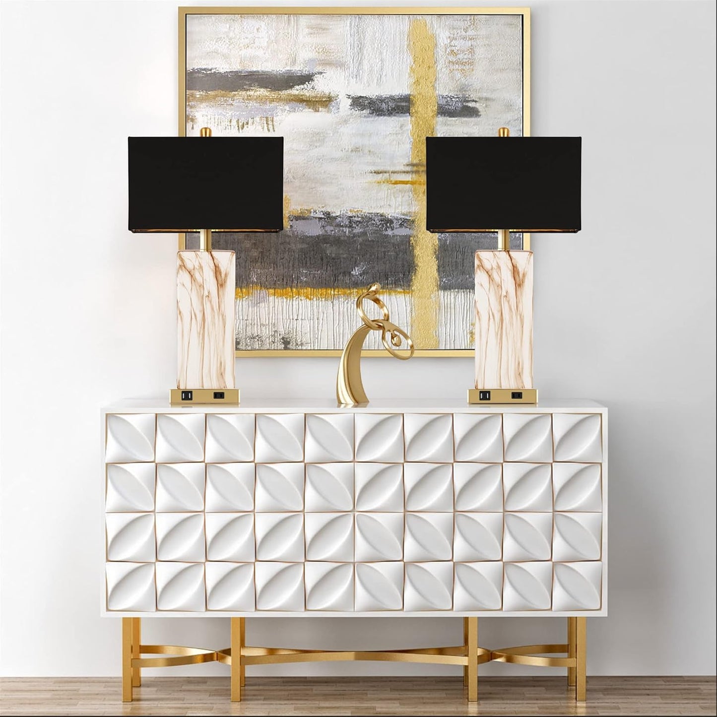 Touch Control Table Lamps | Set of 2 | Dimmable | USB Ports | Marble & Gold