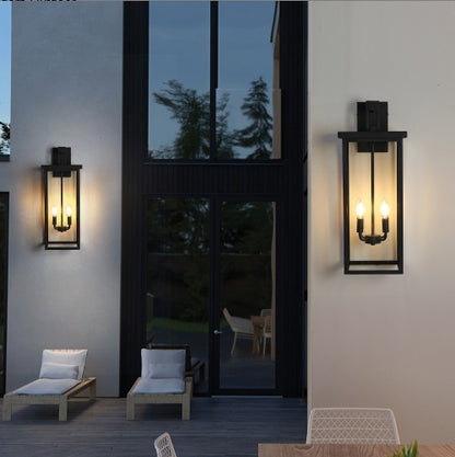 Modern Outdoor Wall Lantern | Black Iron & Glass | 4-Bulb Weatherproof