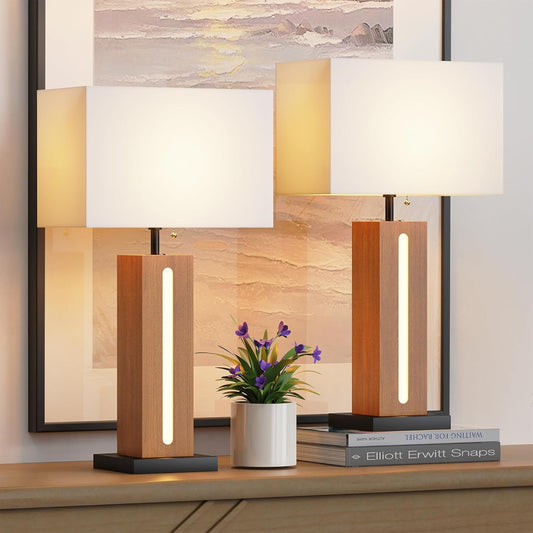 Rustic Farmhouse Table Lamps | Set of 2 | Dimmable | Linen Shades