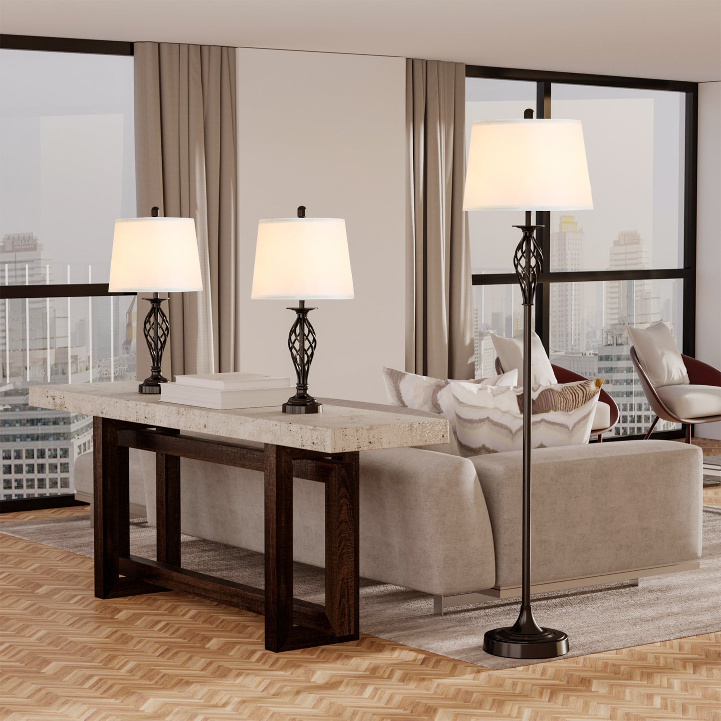 3-Piece Floor & Table Lamp Set | Black Metal Pole & White Fabric Shade
