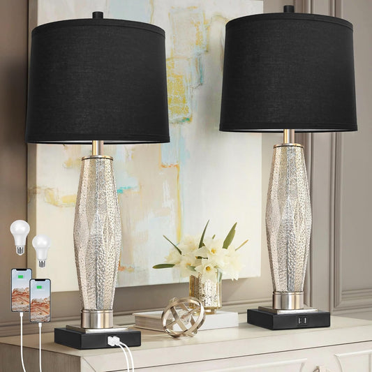 Modern Glass Table Lamps Set of 2 with USB A+C Charging Ports — Black