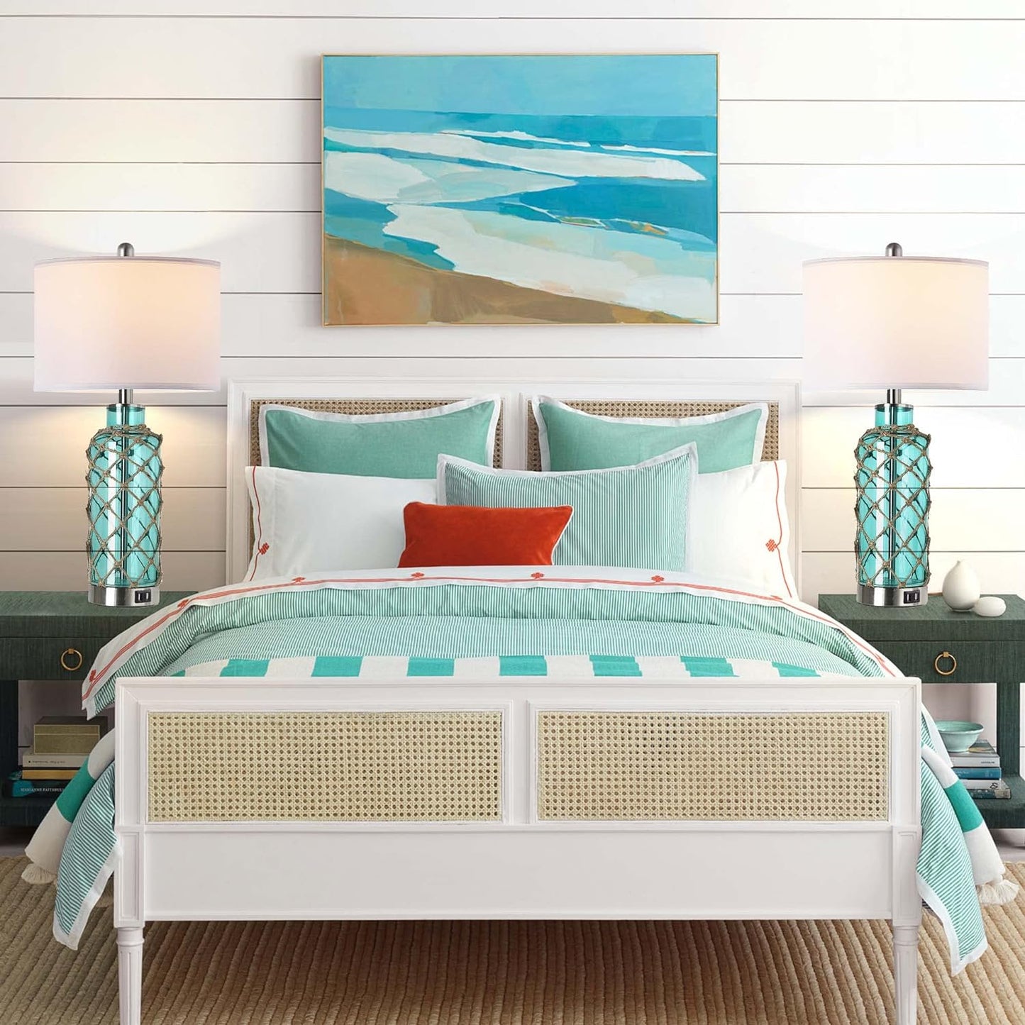 Coastal Nautical Table Lamps | Set of 2 | Dimmable | USB Ports | Blue Glass