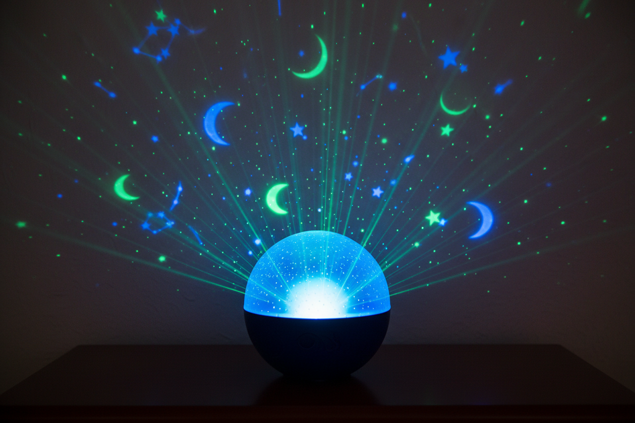 Close-up of round blue dome star projector night light with blue and green star and moon projections on wall behind