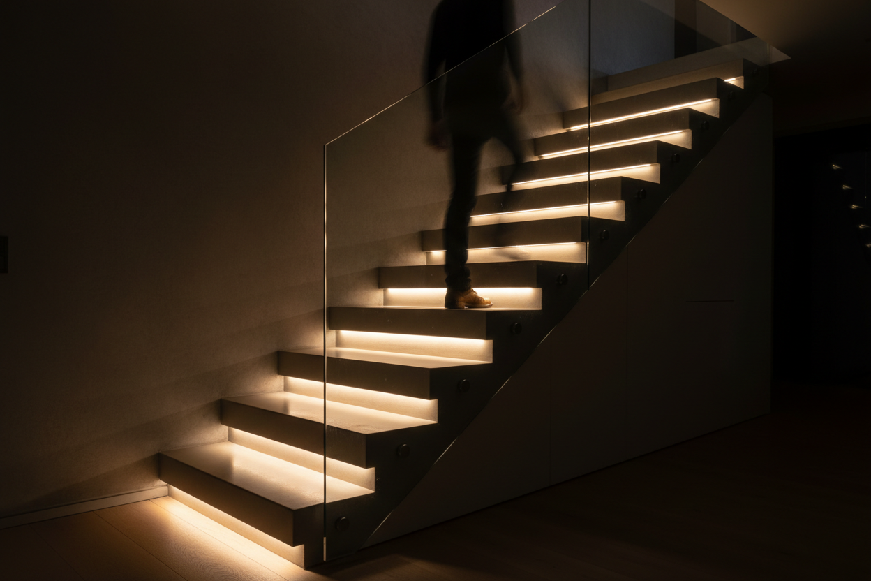 Motion sensor LED strip light glowing warm white under each stair step in dark modern home staircase at night