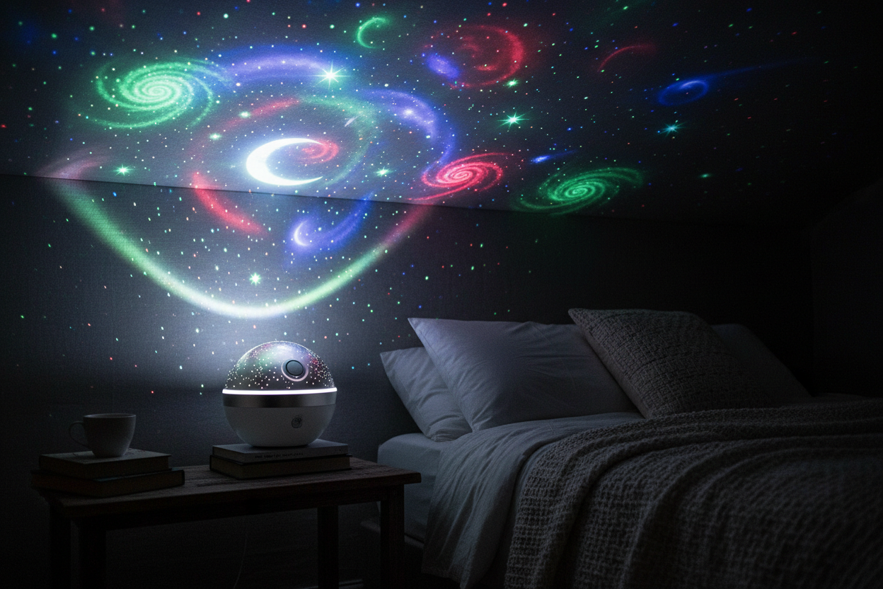 Round RGB galaxy projector on bedside table projecting multicolour stars moon and galaxy patterns across dark bedroom ceiling