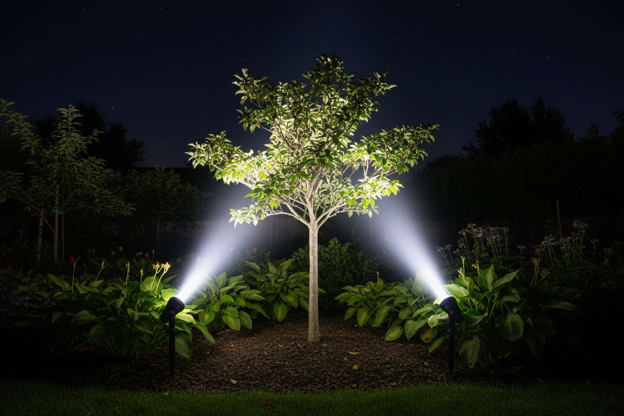 Pair of black solar spotlights staked in garden illuminating feature tree at night