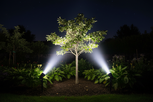 Pair of black solar spotlights staked in garden illuminating feature tree at night