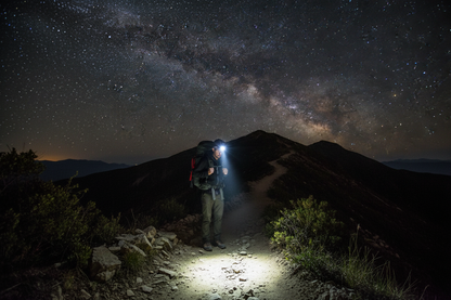 Person wearing grey LED headlamp hiking on mountain trail at night with bright beam illuminating path