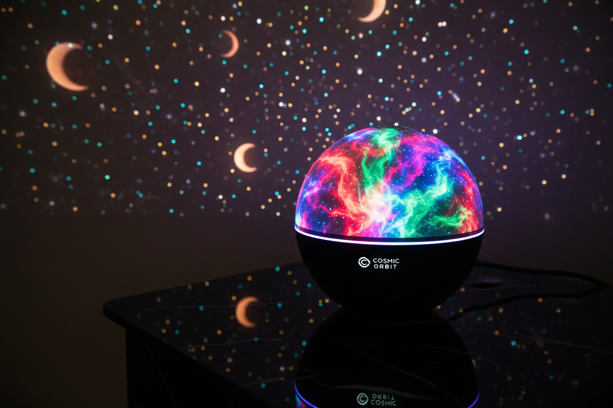 Close-up of round RGB galaxy projector glowing multicolour with star and moon projections on wall behind