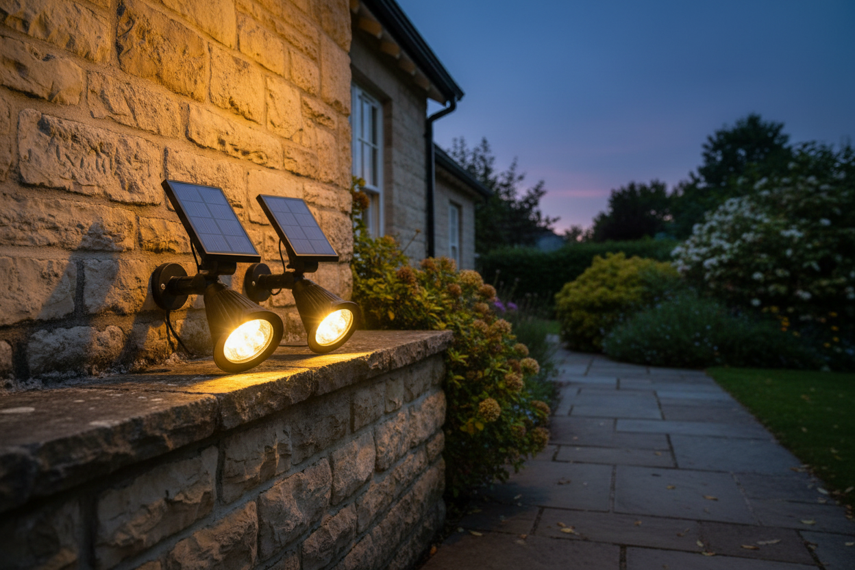 Pair of black solar spotlights mounted on wall illuminating house facade and pathway at dusk
