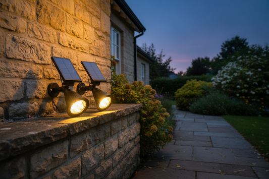 Pair of black solar spotlights mounted on wall illuminating house facade and pathway at dusk