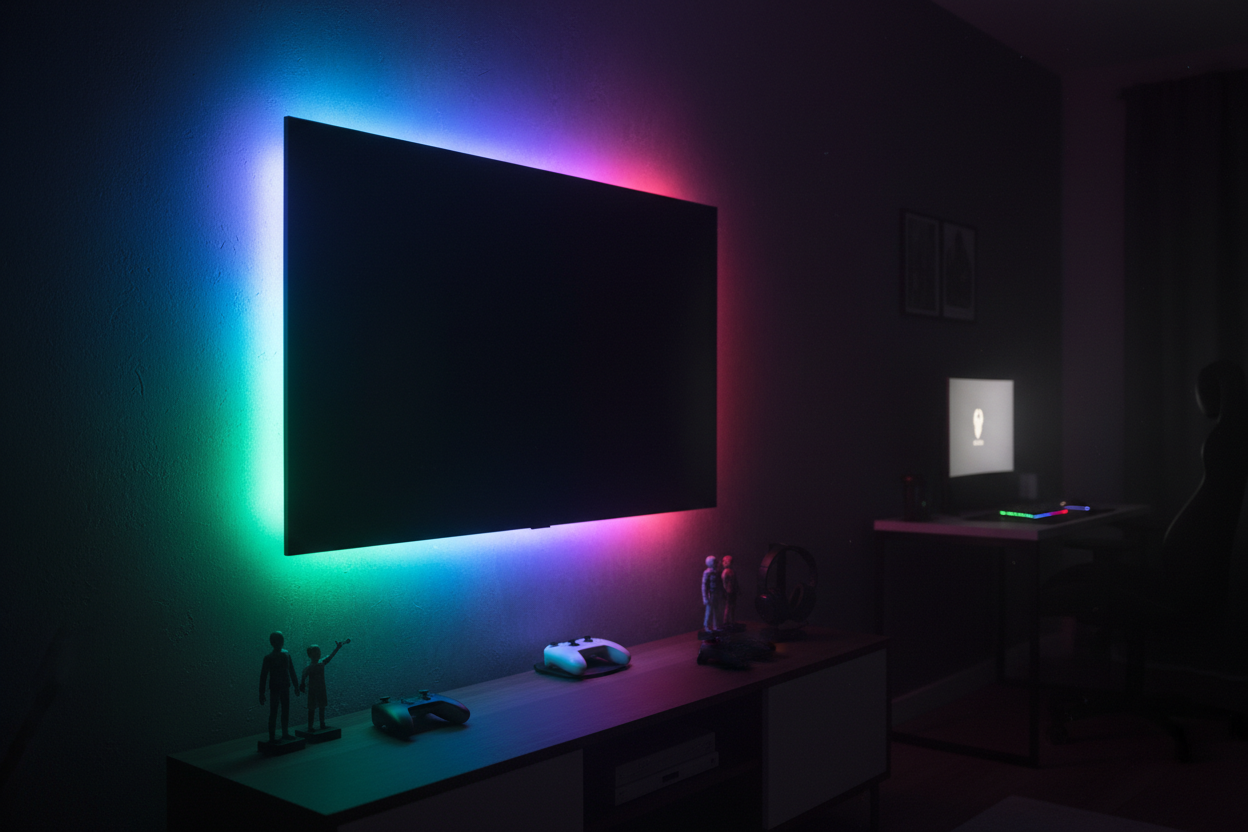 RGB LED strip lights glowing multicolour behind TV on dark wall in gaming room