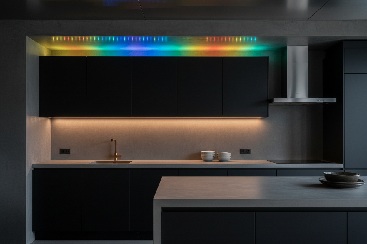RGB LED strip lights glowing multicolour along top of kitchen cabinets as ambient uplighting