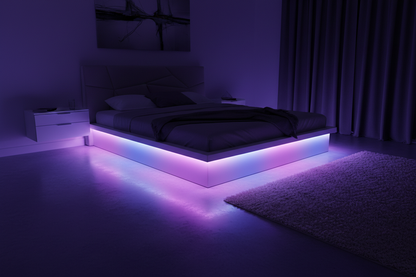 RGB LED strip lights glowing purple-blue under bed frame illuminating bedroom floor