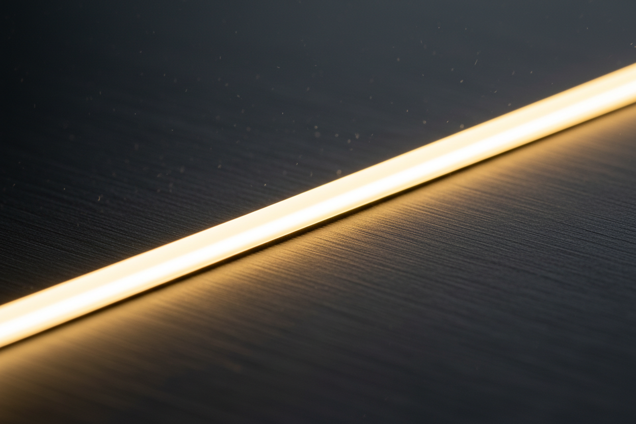 Close-up of ultra-thin COB LED strip light showing seamless continuous warm white glow with no hotspots