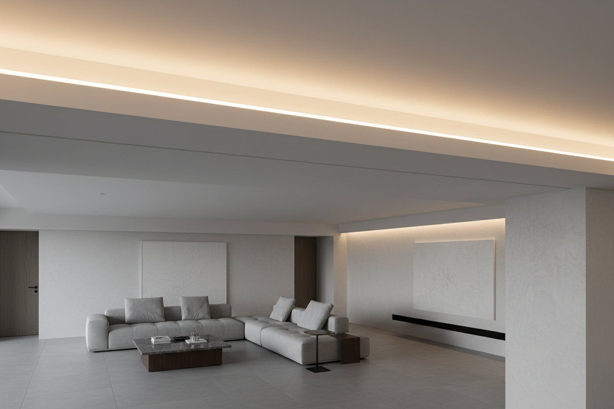 Ultra-thin COB LED strip light glowing warm white in recessed ceiling cove of modern luxury interior