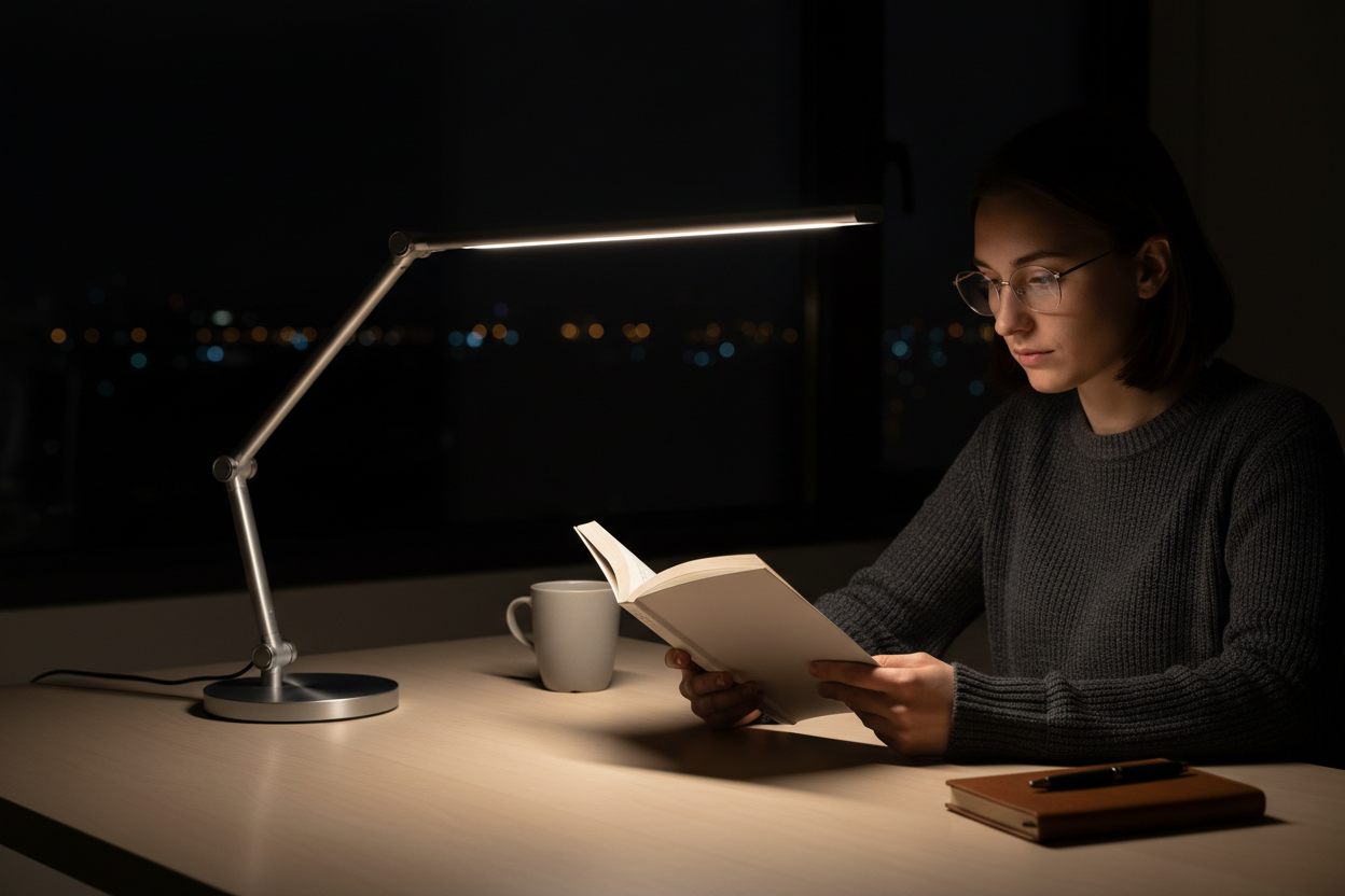 Foldable LED desk lamp illuminating person reading at night with focused warm white light