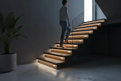 LED strip light with motion sensor illuminating staircase steps automatically